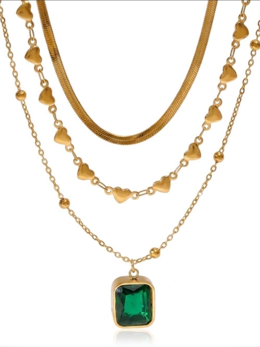 Emerald Heartbeat Layered Necklace Stainless Steel